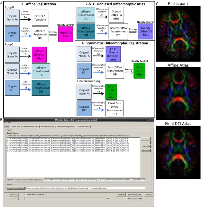 Figure 2.4: DTIAtlasBuilder steps, GUI, and registration progression. Caption on following page.