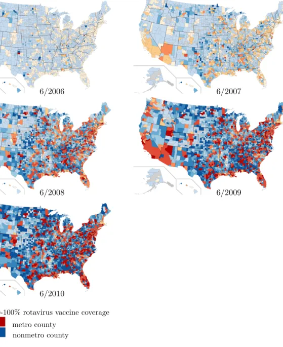 Figure 4.1: Map of the US counties estimated rotavirus vaccine coverage by study year as indicated by color