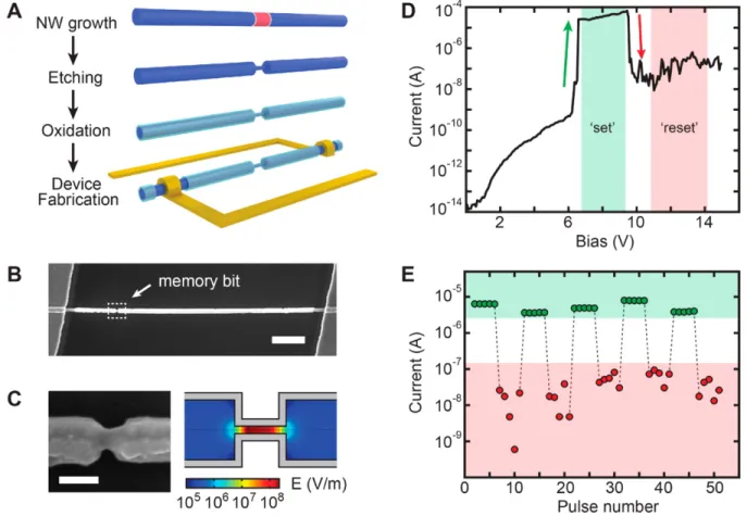Figure 3.6: Nanorod-encoded NWs for non-volatile memory. (A) Schematic illustration of the sequential process used to fabricate a non-volatile memory bit