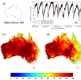 Figure 5. Example satellite-based and site-observed degree of curing (DOC) time series comparison at Silent Grove, WA (17.131125.374during summer (December, January, February) for 2002–2003◦ S,◦ E) (b), where the star (∗) indicate the location of the time 