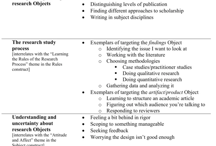 Table 4.2: Themes and example codes for the Object construct 