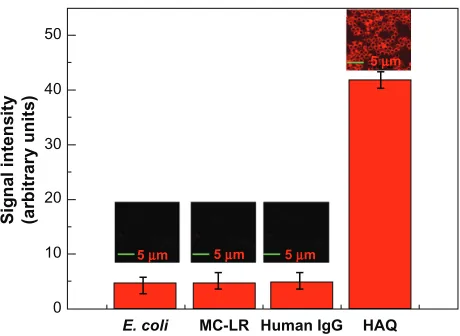 Figure 10 Laser-scanning confocal microscopy images (the upper parts) and the corresponding signal intensity calculated by Image-pro plus 5.0 software (Media Cybernetics, Rockville, MD, USA) (the red columns)