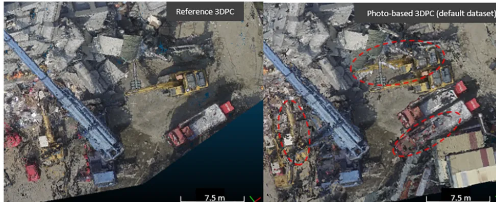 Figure 13. Displacement effect in 3DPC generated with the default photo dataset (combined nadir and oblique photos), due to a misregistra-tion or differences in spectral and spatial characteristics between oblique and nadir datasets