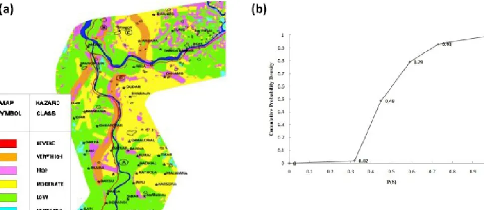 Figure 4. (a) Landslide hazard map of study area. (b) The cumulative density function of the spatial probability of landslides (P (S))