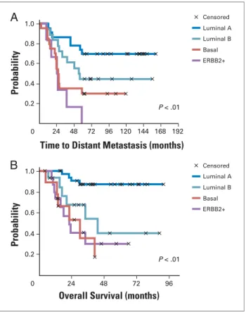 Fig 2. Disease outcome in independent patient cohorts. (A) Time to development of distant metastasis in the 97 sporadic cases from van’t Veer et al (B) Overall survival for 72 patients with locally advanced breast cancer in the Norway cohort