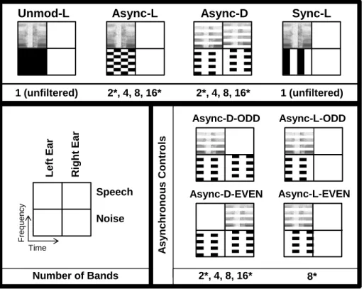 Figure 2.2: Schematic of masker conditions for all experiments. Primary conditions are represented on  the top row, and controls are shown below