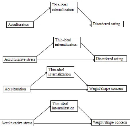 Figure 3. Proposed sociocultural mediation models testing acculturation and acculturative stress  as  independent  variables,  thin-ideal  internalization  as  a  mediator,  and  disordered  eating  and  weight/shape concern as dependent variables