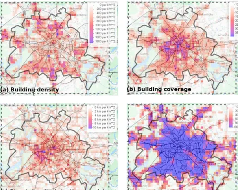 Figure 3. Example set of exposure predictors calculated on a 1density for tertiary roads and higher × 1 km grid