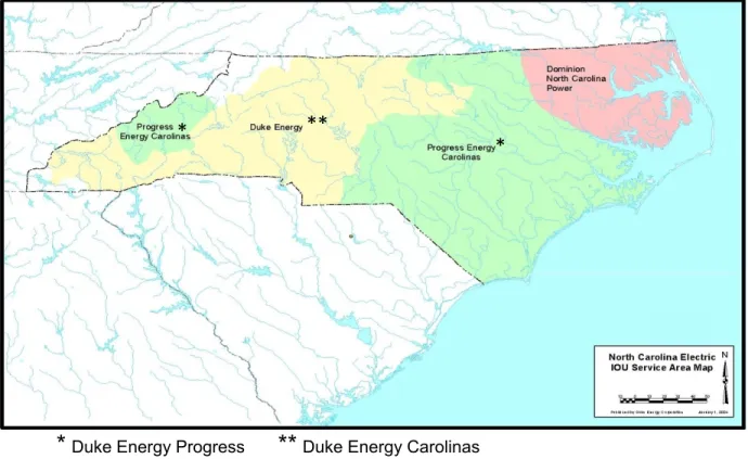 Figure 4.1. Map of Duke Energy’s NC Service Territory. Duke Energy’s present service area includes areas that,   before the merger, were Duke Energy (**) and Progress Energy (*) (Image from NCUC 2013)