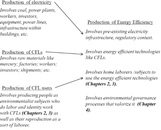 Figure 5.2. Broad Processes in the Production of Energy Efficiency. I propose that producing energy efficiency  involves producing electricity, CFLs, CFL users, and negawatts, all of which involve their own labor, material,  cultural, and political economi