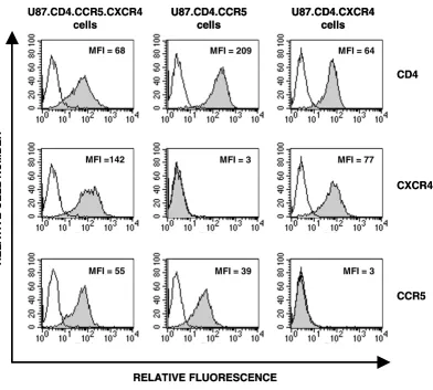 Figure 1U87.CD4.CXCR4 cell line (3 panels, right column)Flow cytometric analysis of the membrane expression of CD4, CCR5 and CXCR4 in the U87.CD4.CCR5.CXCR4 double-transfected cell line (3 panels, left column) and in the single-transfected U87.CD4.CCR5 cell line (3 panels, central column) and Flow cytometric analysis of the membrane expression of CD4, CCR5 and CXCR4 in the U87.CD4.CCR5.CXCR4 double-transfected cell line (3 panels, left column) and in the single-transfected U87.CD4.CCR5 cell line (3 panels, central column) and 
