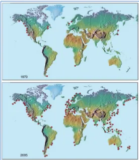 Figure 1. Occurrence of HAB events  from 1970-2005. (Anderson, 2017) Phytoplankton are growth-limited by nutrient availability and salinity tolerance, among other interacting  environmental factors