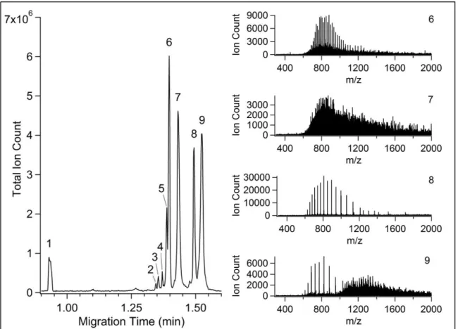 Figure 2.7 TIC electropherogram of an intact protein standard mixture analyzed by CE-MS  using a CVD APS coated microchip