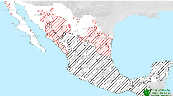 Figure 6.1 Territory outside the centers of origin and genetic diversity of maize. The centers are  hatched (the red, north was the first set of official “centers” released, the black, in the rest of the  country, was the second set released)