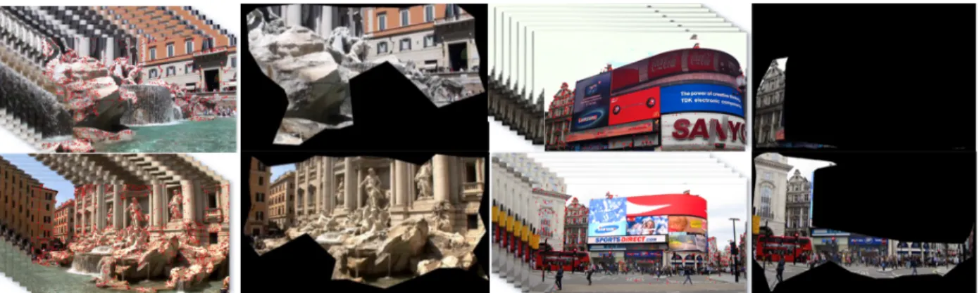 Figure 3.4: Static content prior from video fragments. First and third columns depict SIFT features matches among neighboring frames as red dots