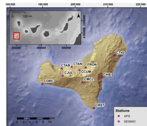 Figure 1. IGN monitoring network during the unrest period at ElHierro. The top left inset displays the location of El Hierro withinthe Canary Archipelago.