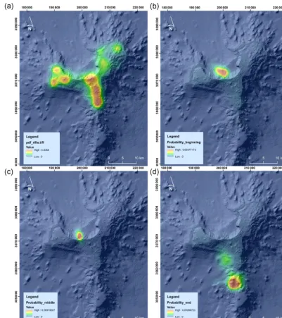 Figure 3. Susceptibility maps obtained from (a) the volcano-structural data; (b) the ﬁrst days of unrest; (c) the middle of the unrest; (d) thedays before the submarine eruption.