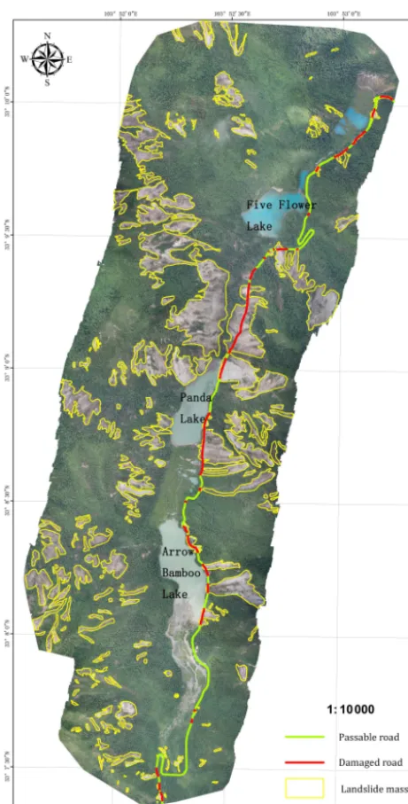 Figure 4. Comparison of remote sensing images surveying the roaddamage before and after the earthquake along the No