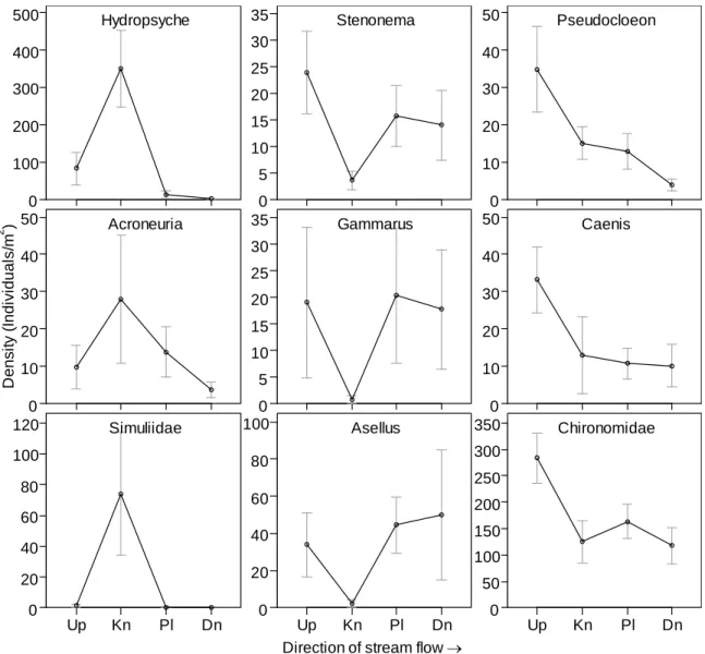 Figure 2.6.  Real data of individual taxon densities by sampling location.  Up, Kn, Pl,  and Dn represent upstream, knickpoint, plunge pool, and downstream samples, 