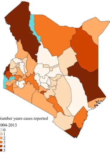 Figure 8.  Number of years in which cholera cases were reported in Kenya by county, 2004- 2004-2013 