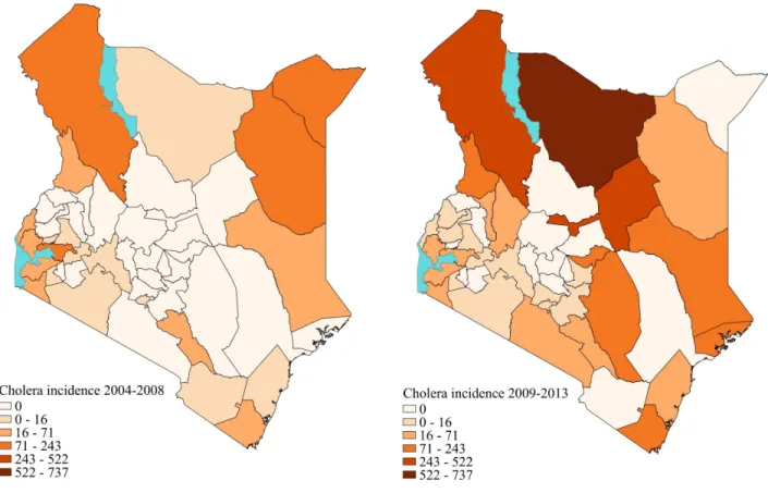 Figure 9.  Geographic patterns of cholera occurrence in Kenya, 2004-2008 and 2009-2013 