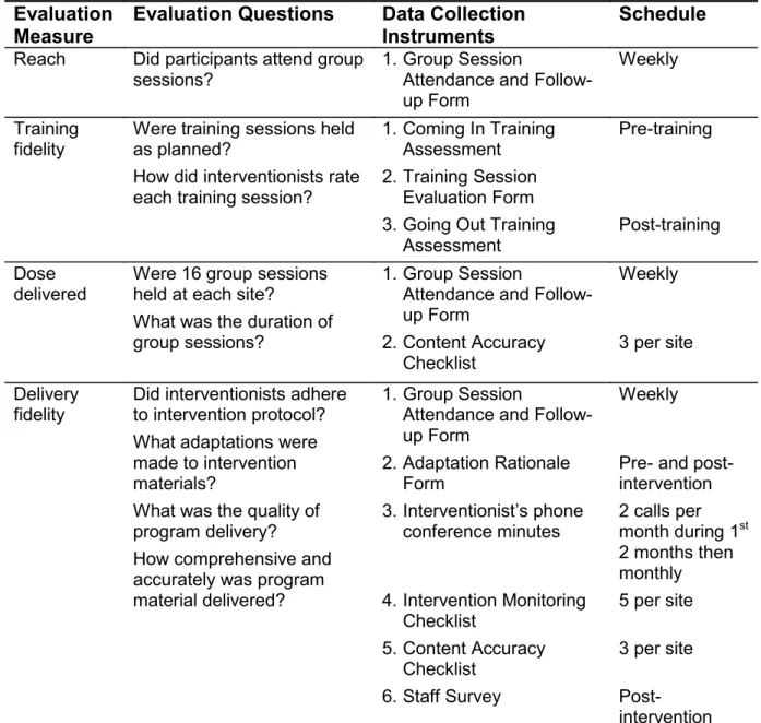 Table 4.1  Process Evaluation Measures and Questions, Data Collection  Instruments, and Schedule for Data Collection 
