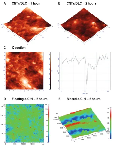 Figure 5 Atomic force microscopy (AFM) topography images of platelets onto: (A) carbon nanotube (CNT)/diamond-like carbon (DLC) coatings after 1 hour of incubation; (B) CNT/DLC coatings after 2 hours of incubation, and (C) 2D AFM image of CNT/DLC coatings 