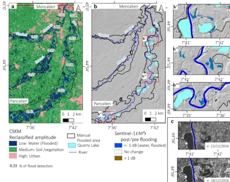 Figure 3. (a) Reclassiﬁed Quicklook Amplitude SAR Image acquired at 05:05 UTC, 25 November 2016 – COSMO-SkyMed©ASI [2016].(b) Sentinel-1 geocoded backscattering coefﬁcient difference (�σ ◦), (b’, b” and b”’) and details of some areas where �σ ◦ still detect water.(c) Example of change backscattering between the pre- and the postﬂood image is detectable.