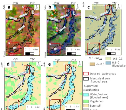 Figure 4. MODIS Aqua satellite image (a) false colour band composition 7-2-1 acquired on 12 November 2016; (b) false colour band com-position 7-2-1 acquired during the 26 November 2016 event; (c) automatic detection of the ﬂooded area using MNDWIvar > 0.3;