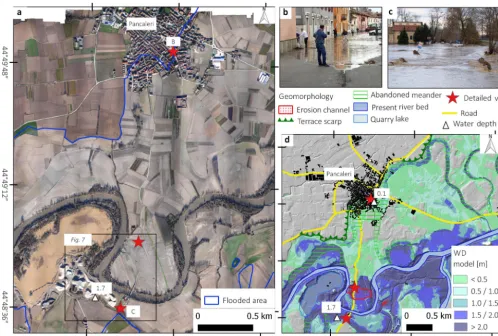 Figure 6. (a) Aerial photo at 10 cm of resolution taken 28 November 2016. Panels (b) and (c) are photos taken from a local newspaper andgeo-localised with Google Streetview; (d) Geomorphological elements and model of estimated water depth (m).