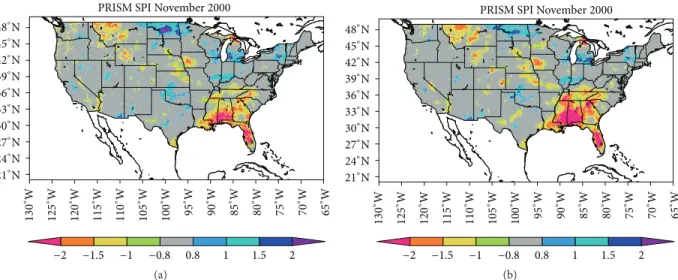 Figure 3: 12-month SPI ending in November 2000 computed using PRISM for (a) 1940–2006 (long record) and (b) 1988–2006 (short record).