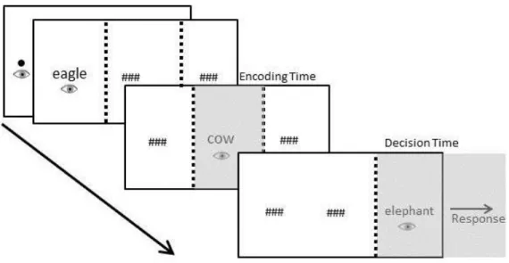Figure 1. Presentation of stimuli and dependent measures in Experiment 1 and 3. Encoding  time is measured as the gaze duration on the middle word