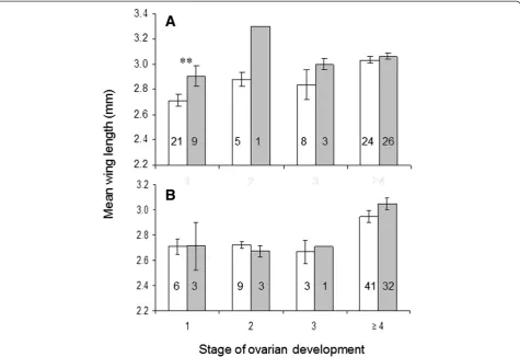 Figure 4 Size of uninfected (white) and Plasmodium yoelii-infected (grey) Anopheles gambiae (A) and Anopheles stephensi (B) reachingdifferent stages of ovarian development five days after feeding