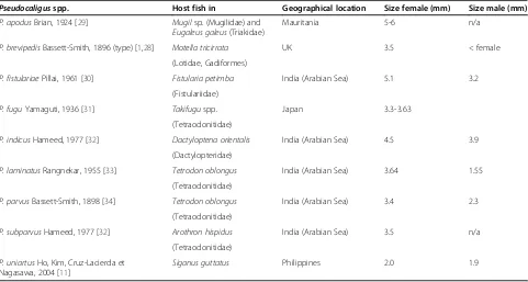 Table 1 Pseudocaligus spp. (recently synonymised with Caligus [14,15]), with fish host, geographical location and sizes