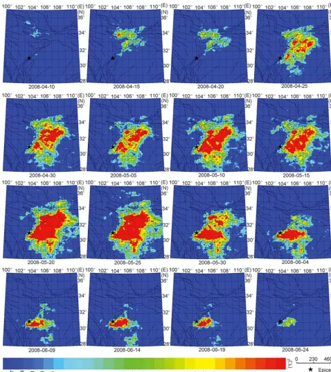 Figure 10. The spatiotemporal evolution of BT anomalies derived by the RPS method for the 2008 Ms 8.0 Wenchuan earthquake (Zhang etal., 2010).