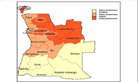 Figure 1 Angola Map (adapted from http://www.rollbackmalaria.org/countryaction/angola_mis.html); the circles indicate the provincesof study.