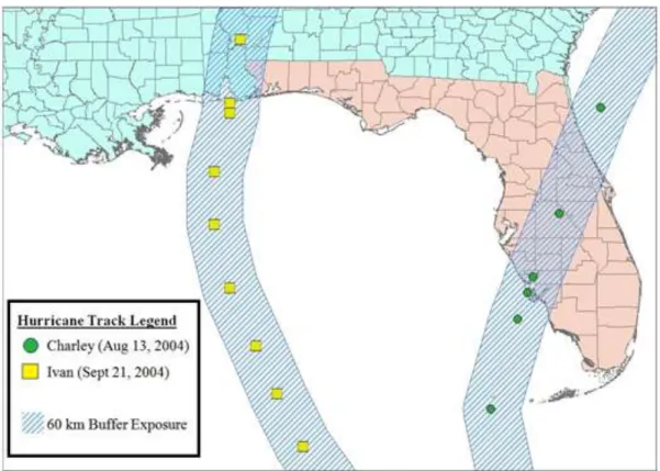 Figure 3.1 2004 Florida hurricane track map with 60 km buffer (n=67 counties) 