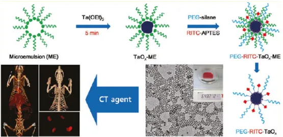 Figure 1.13: Synthesis of the TaO x  particles, TEM of particles, and the result of using these  particles in a mouse model