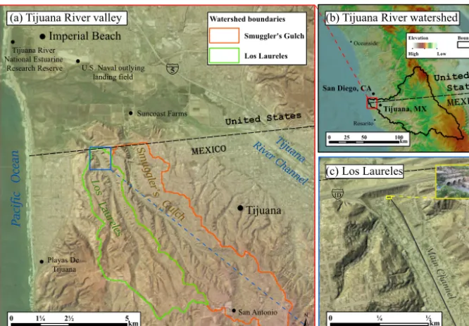 Figure 1. (a) Tijuana River valley and relevant features. The valley is bounded by the city of Imperial Beach to the north, the city of SanDiego to the east, and the city of Tijuana to the south