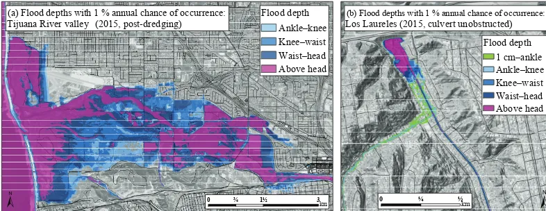 Figure 3. (a) 1 % annual exceedance probability (AEP) ﬂood depths in the Tijuana River valley