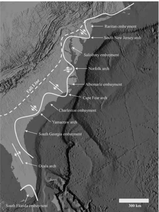 Figure 2.2 Generalized onshore embayment and major structural features map othe  Atlantic Coastal Plain (after Ward et al., 1991)