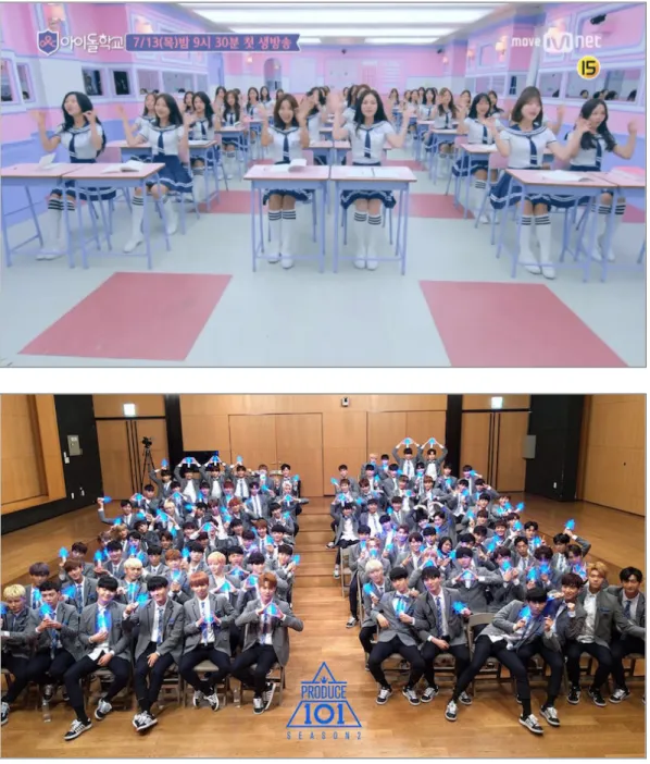 Figure 4. Classroom environment in idol survival programs   (top: Idol School 18 ; bottom: Produce 101 Season 2 19 )                                                   