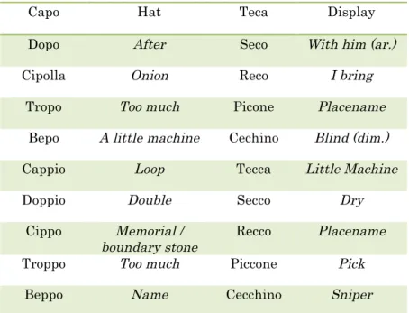 Table 7: Word List Task Tokens 