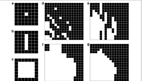 Fig. 2 Schematic cell boarder dilation. The single white pixel in image a gets dilated in two steps: b first in vertical direction by a factor of five (c) and this operation is applied to the dilated image in horizontal direction also with a factor of five