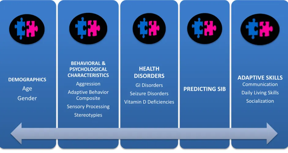 Figure 3. Predicted Relationships Between SIB and Other Factors. DEMOGRAPHICSAge Gender BEHAVIORAL &amp; PSYCHOLOGICAL CHARACTERISTICSAggressionAdaptive Behavior CompositeSensory ProcessingStereotypies HEALTH  DISORDERSGI Disorders  Seizure Disorders Vitam