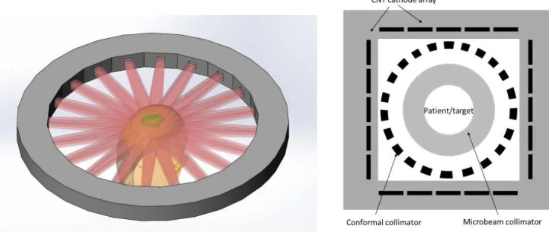 Figure 3.2 Schematic drawings of the design concept of compact high-flux microbeam delivery systems with multiple arrays of  CNT generated microbeams arranged in a ring (left) or a square (right) configuration around the target to achieve dose  conformalit