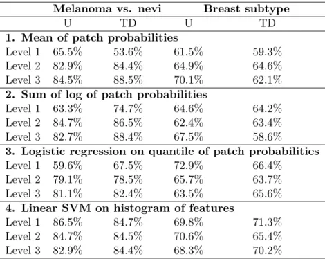 Table 2.5: Patient-level classification accuracy comparing unsupervised dictionaries (U) with task-driven dictionaries (TD) for a 3-level hierarchy using the four different methods described in Section 2.3.