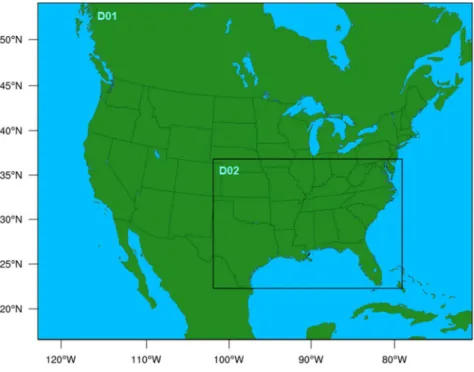 Figure 2.2. Modeling domains: D01 at 50-km x 50-km grid spacing; D02 at 12-km x 12-km grid  spacing