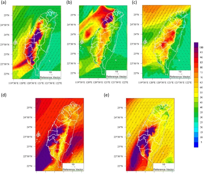 Figure 3.3 Simulated surface wind vectors and O 3  concentration (ppb) over the Taiwan domain at  2pm (LST) on (a) 1 October (b) 2 October (c) 3 October (d) 4 October, and (e) 5 October, 2010