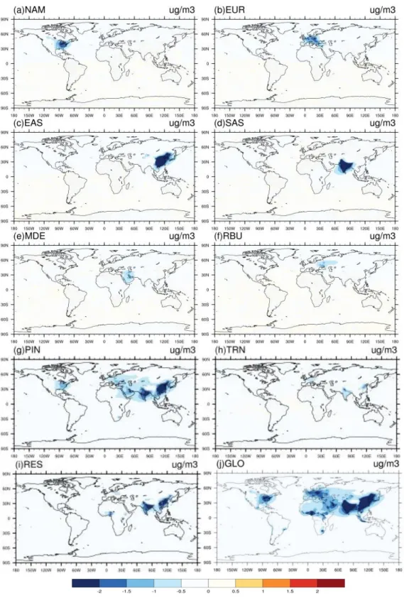 Figure 2.2 Global difference in multi-model annual mean PM 2.5  concentrations (μg/m 3 ) in 20% 